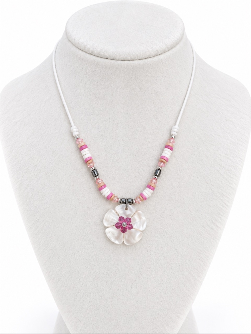 Pink & White Floral Pendant Beaded Cord Necklace – Boho Feminine Statement